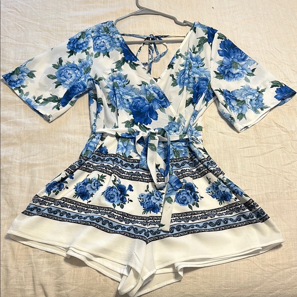 Pants - Floral Blue and White Romper
